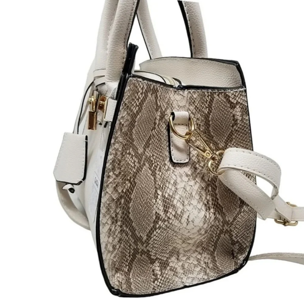 Beige Faux Snakeskin Square Crossbody Lock Charm Purse
